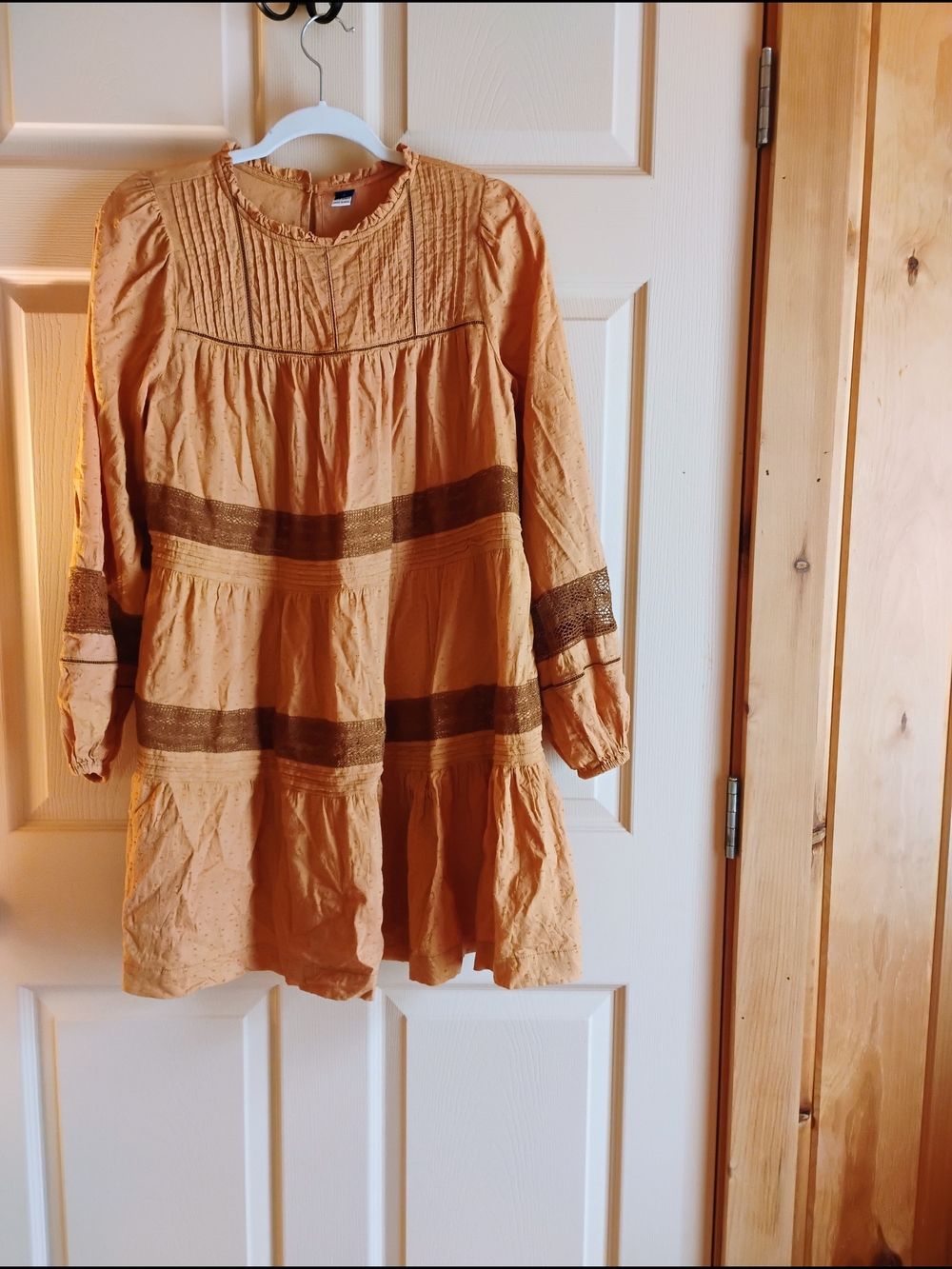 Peasant Smock Dress in Light Terracotta with Brown Trim